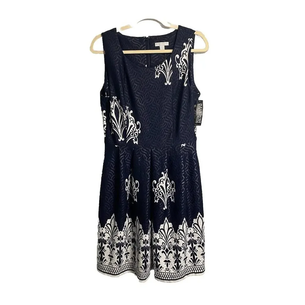 NWT New York & Company‎ Jacquard Floral Pleated Fit & Flare Dress Navy Medium